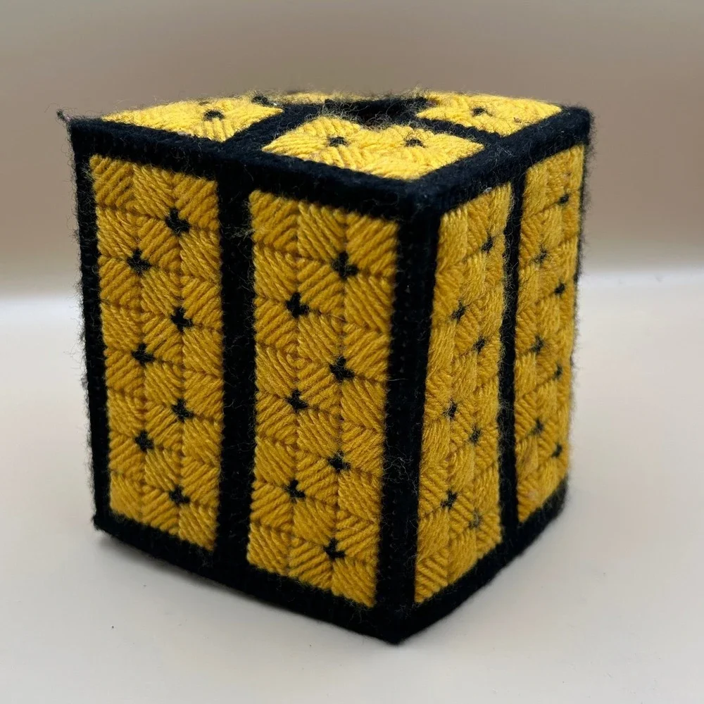 Handmade Plastic Canvas Tissue Box Cover Yellow Black Geometric Boutique Square